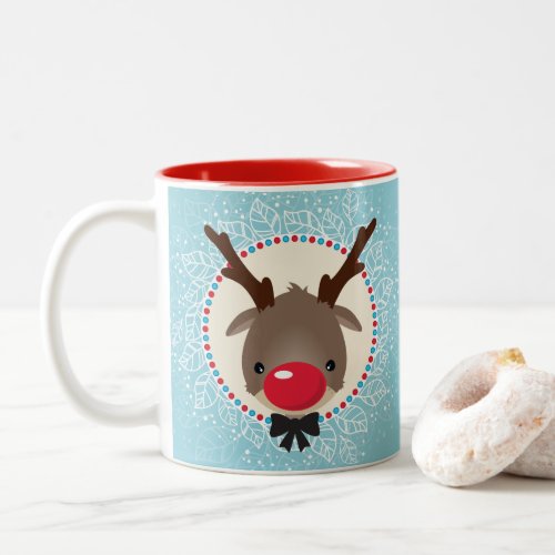 REINDEER CHRISTMAS cute red nose rudolph blue Two_Tone Coffee Mug