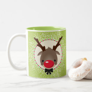 REINDEER CHRISTMAS cute red nose rudolph green Two-Tone Coffee Mug