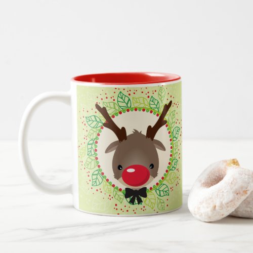 REINDEER CHRISTMAS cute red nose rudolph green Two_Tone Coffee Mug