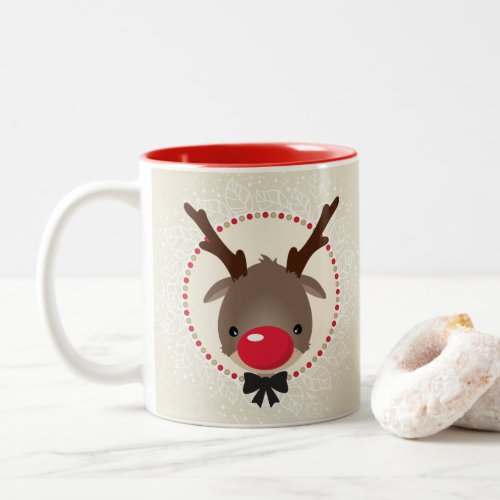 REINDEER CHRISTMAS cute red nose rudolph ivory Two_Tone Coffee Mug