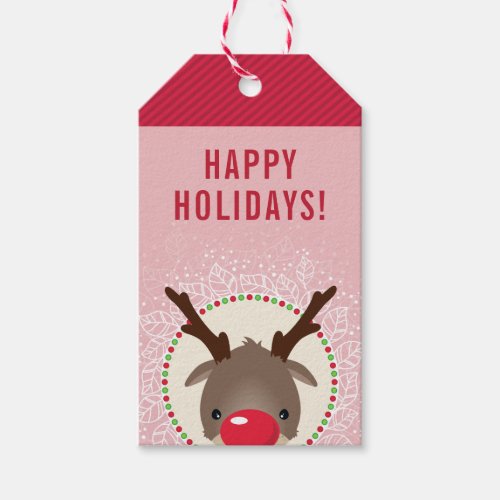 REINDEER CHRISTMAS cute red nose rudolph pink Gift Tags