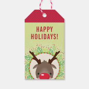 REINDEER CHRISTMAS cute red nose rudolph red green Gift Tags