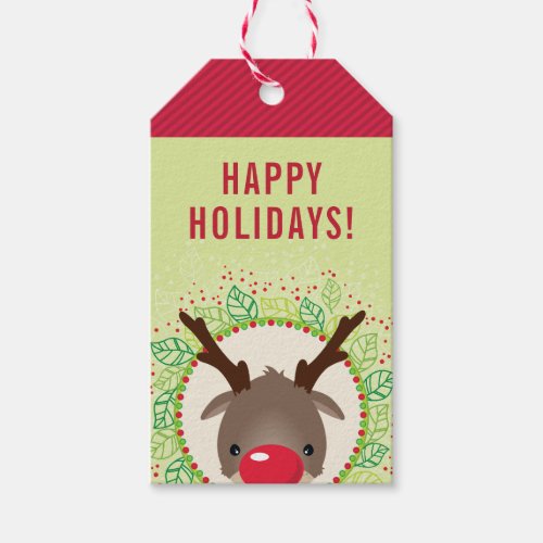 REINDEER CHRISTMAS cute red nose rudolph red green Gift Tags