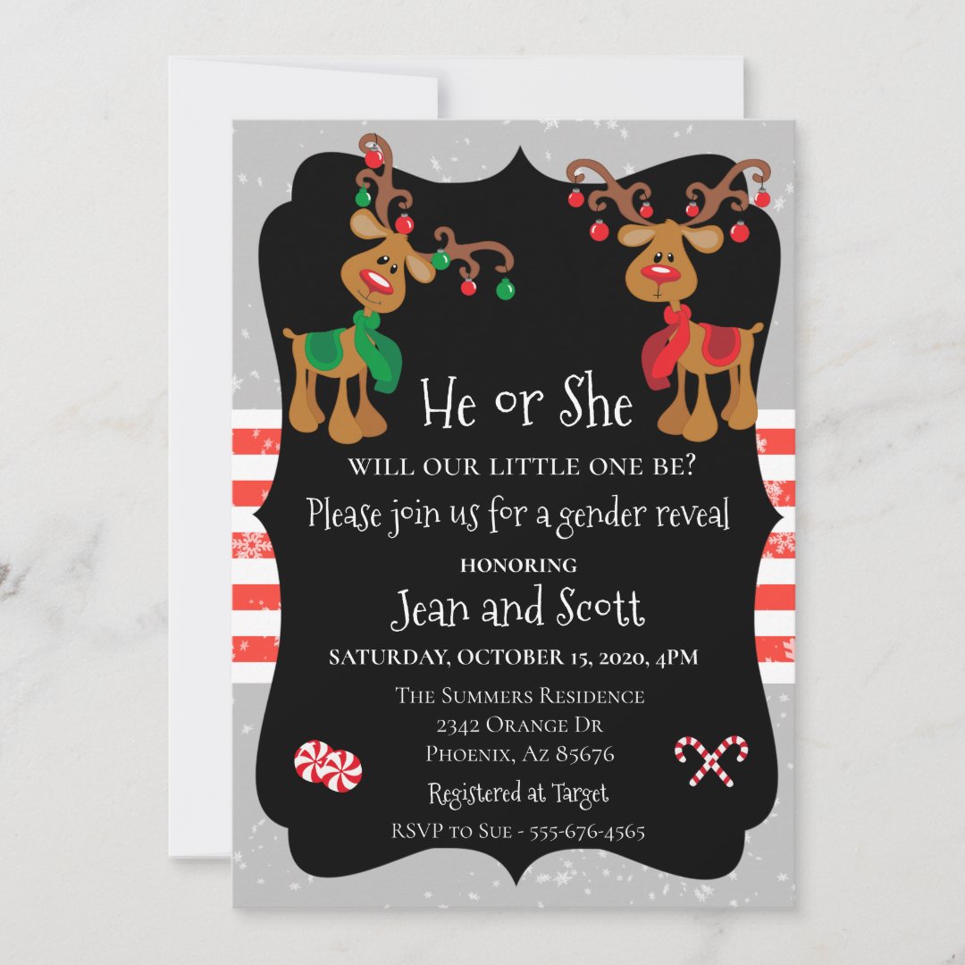Reindeer Christmas Holiday Gender Reveal Invitation Zazzle