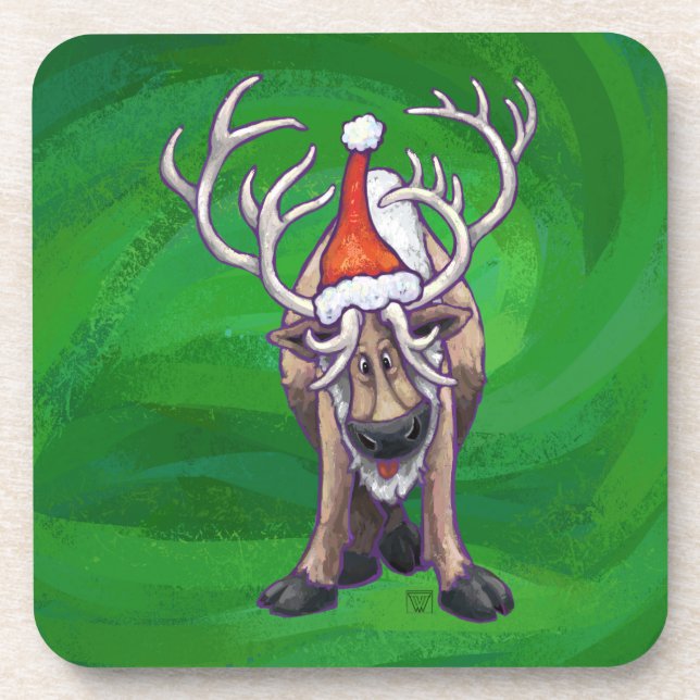 Reindeer Christmas On Green Beverage Coaster (Front)