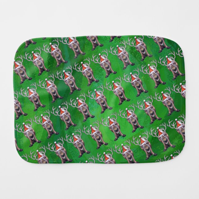 Reindeer Christmas On Green Burp Cloth (Front Horizontal)