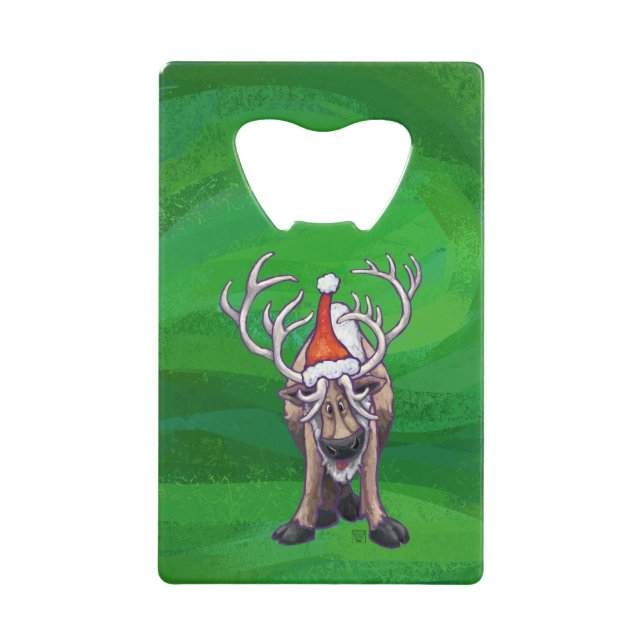 Reindeer Christmas On Green Credit Card Bottle Opener (Front)
