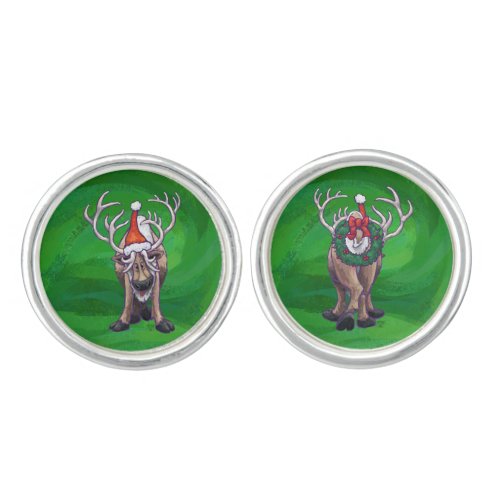 Reindeer Christmas On Green Cufflinks