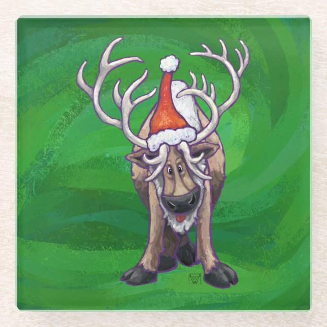 Reindeer Christmas On Green Glass Coaster (Front)