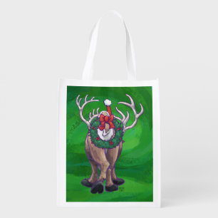 Reindeer Christmas On Green Grocery Bag