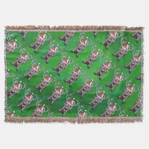 Reindeer Christmas On Green Throw Blanket