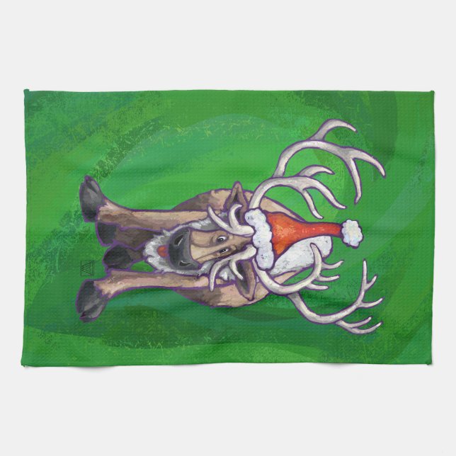 Reindeer Christmas On Green Towel (Horizontal)