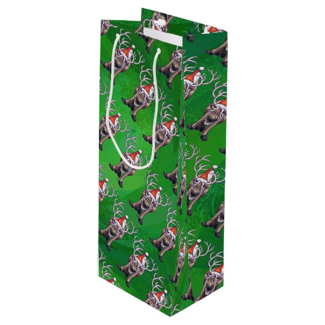 Reindeer Christmas On Green Wine Gift Bag (Front Angled)