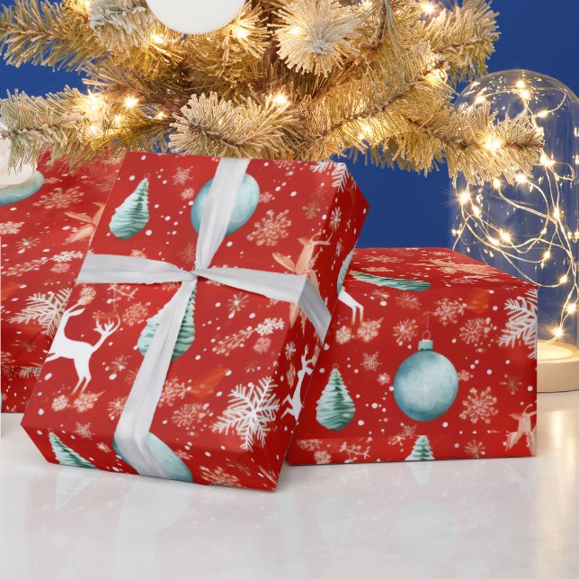 Reindeer Christmas Ornaments Snowflakes Christmas Wrapping Paper (Holidays)