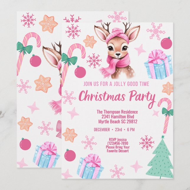  Reindeer Christmas Party Pink Invitation (Front/Back)