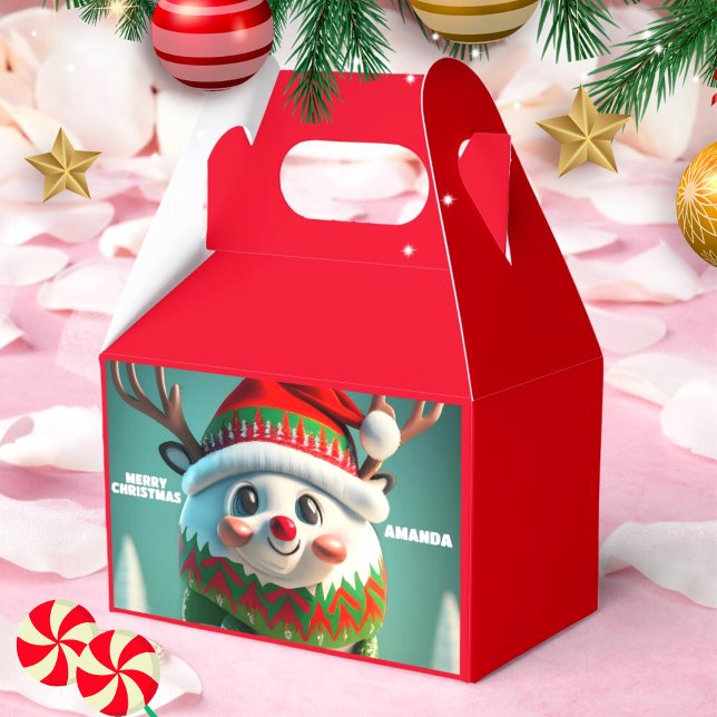 Reindeer Christmas Personalized Kids Party Red Favor Boxes (Creator Uploaded)