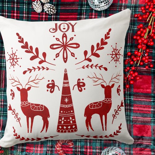 Reindeer Christmas Red and White Nordic Watercolor Throw Pillow