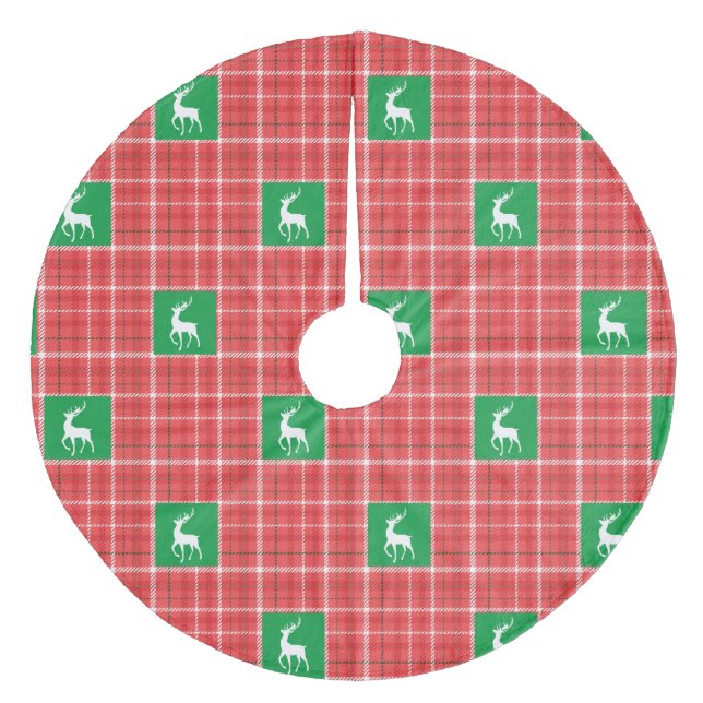 Reindeer Christmas Red Green White Twill Plaid Fleece Tree Skirt (Front)