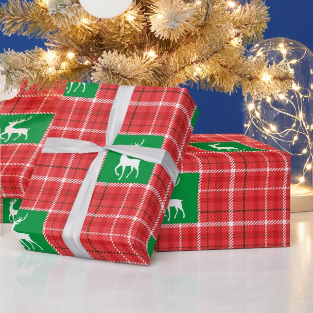 Reindeer Christmas Red Green White Twill Plaid Wrapping Paper (Holidays)