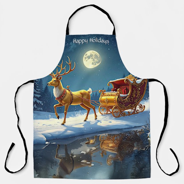 Reindeer Christmas Sleigh Holiday Apron (Front)
