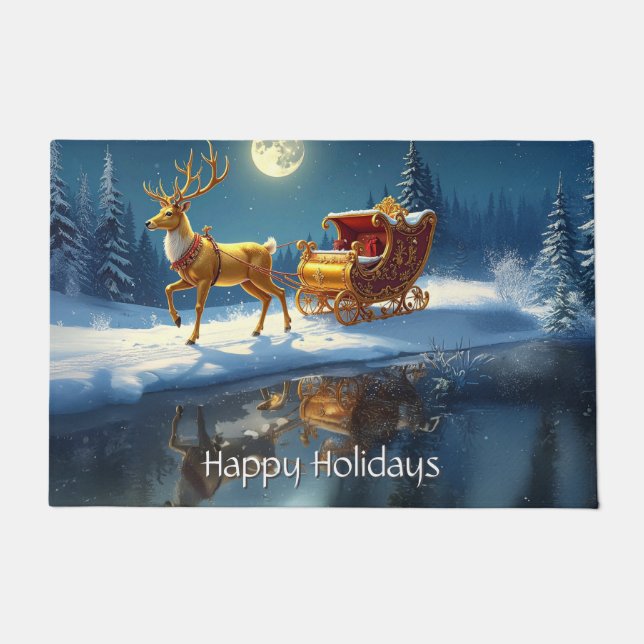 Reindeer Christmas Sleigh Holiday Doormat (Front)
