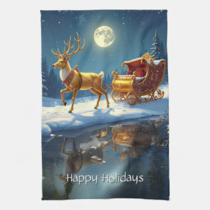 Reindeer Christmas Sleigh Holiday Kitchen Towel