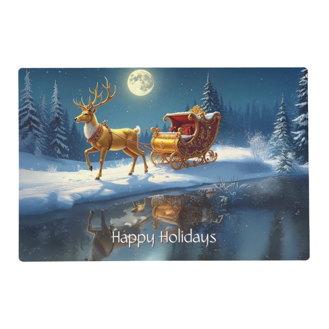 Reindeer Christmas Sleigh Holiday Paper Placemat (Front)