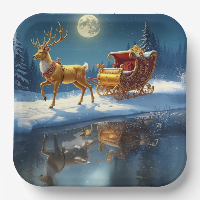 Reindeer Christmas Sleigh Holiday Paper Plates (Front)