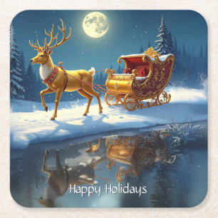 Reindeer Christmas Sleigh Holiday Square Paper Coaster