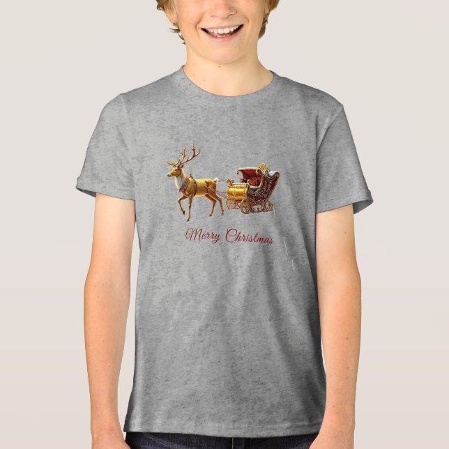 Reindeer Christmas Sleigh Holiday Tri-Blend Shirt (Front)