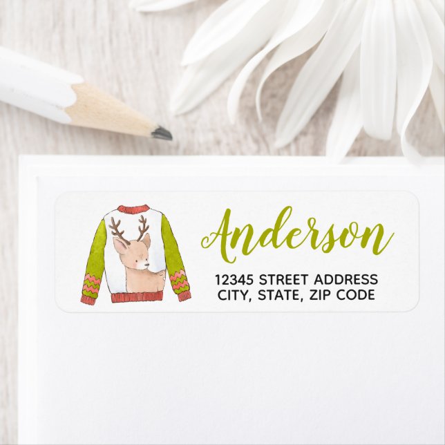 Reindeer Christmas Sweater Return Address Label (Insitu)