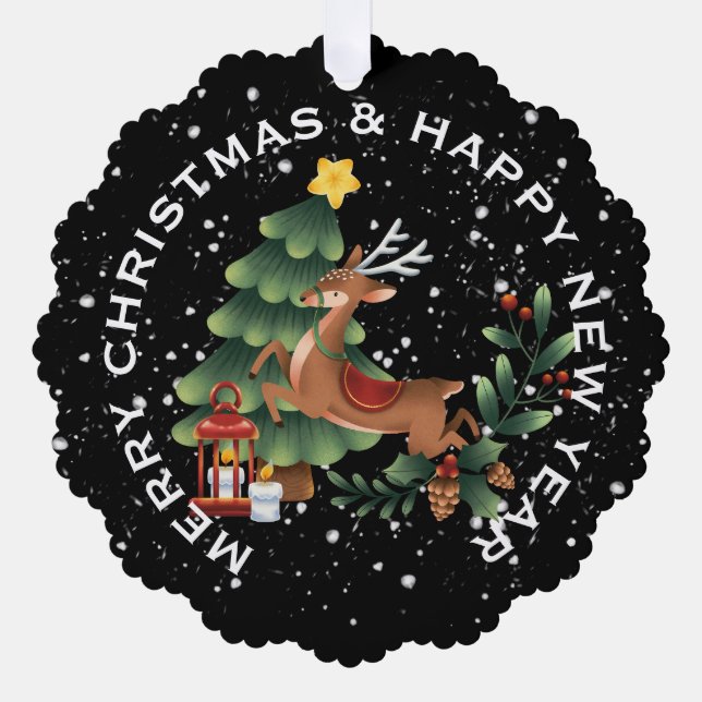 Reindeer & Christmas Tree , PERSONALIZED CHRISTMAS Ornament Card (Front)