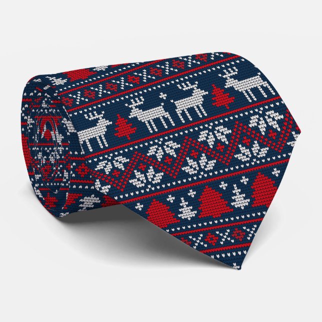 Reindeer Christmas Tree Scandinavian Holiday Neck Tie (Rolled)