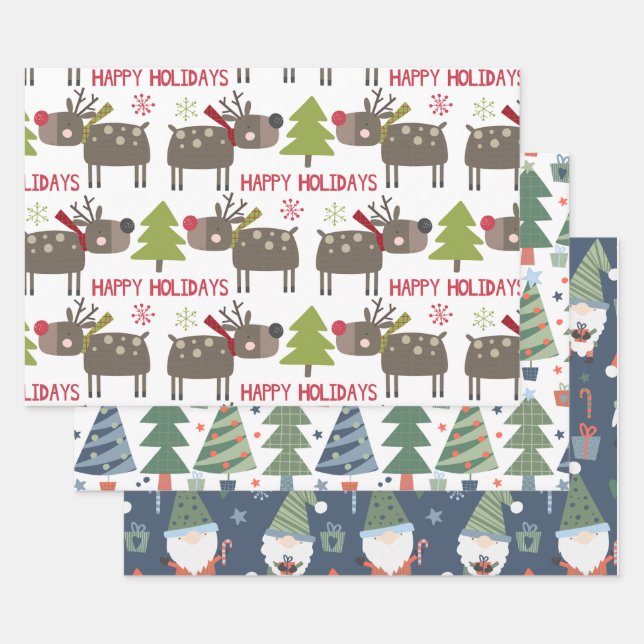 Reindeer Christmas Trees Elves Rustic Cute Wrapping Paper Sheets (Set)