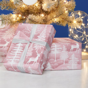 Reindeer Christmas Trees Pink and White Christmas Wrapping Paper