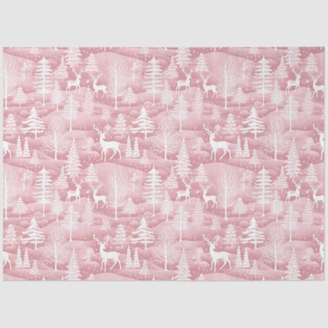 Reindeer Christmas Trees Pink Pattern Christmas Tissue Paper (Front)