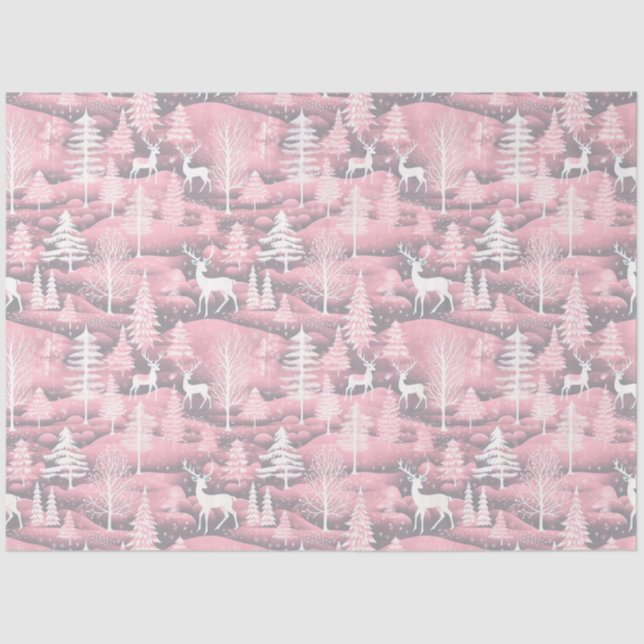 Reindeer Christmas Trees Pink Pattern Christmas Tissue Paper (Front)