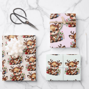 Reindeer Christmas Wrapping Paper Flat Sheet-3sets