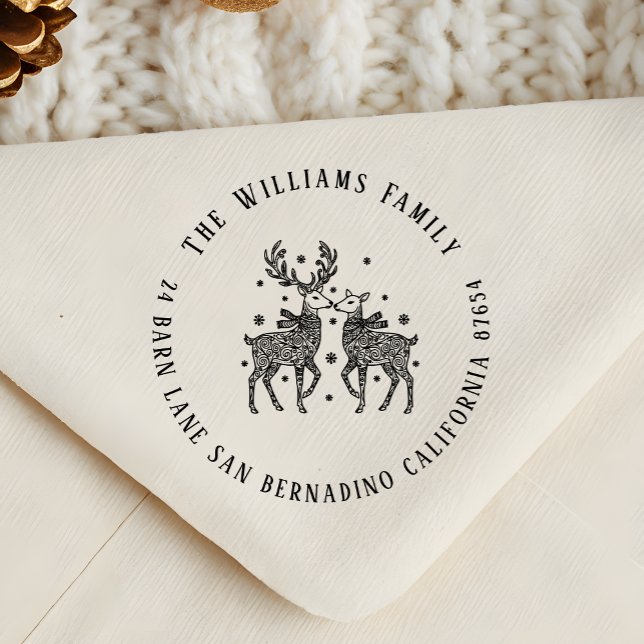 Reindeer Couple Scarves & Snow Name Return Address Rubber Stamp (Creator Uploaded)