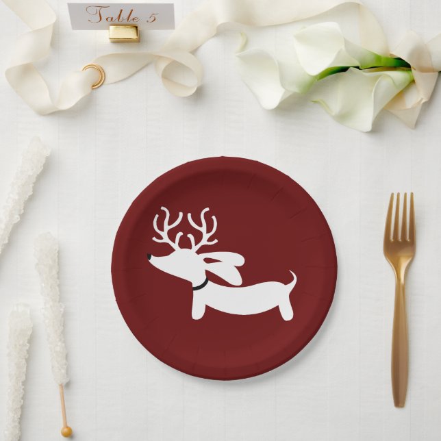 Reindeer Dachshund Christmas Doxie Paper Plate (Wedding)