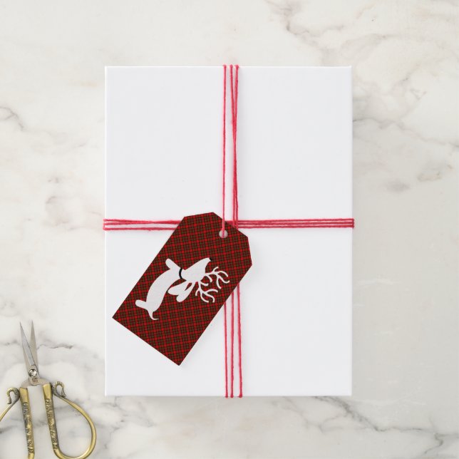 Reindeer Dachshund Christmas Gift Tag on Plaid (With Twine)