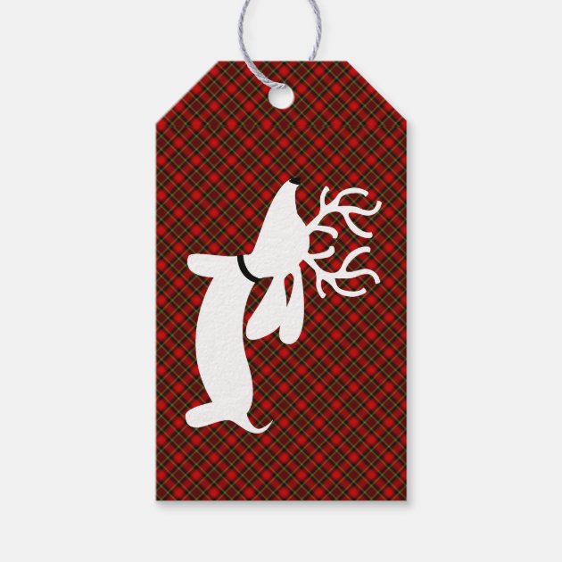 Reindeer Dachshund Christmas Gift Tag On Plaid