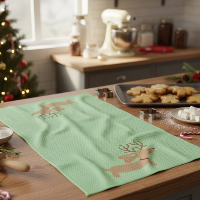 Reindeer Dachshund Christmas Green Dish Towel (Dachshund Christmas dish towel for wiener dog holiday gifts)
