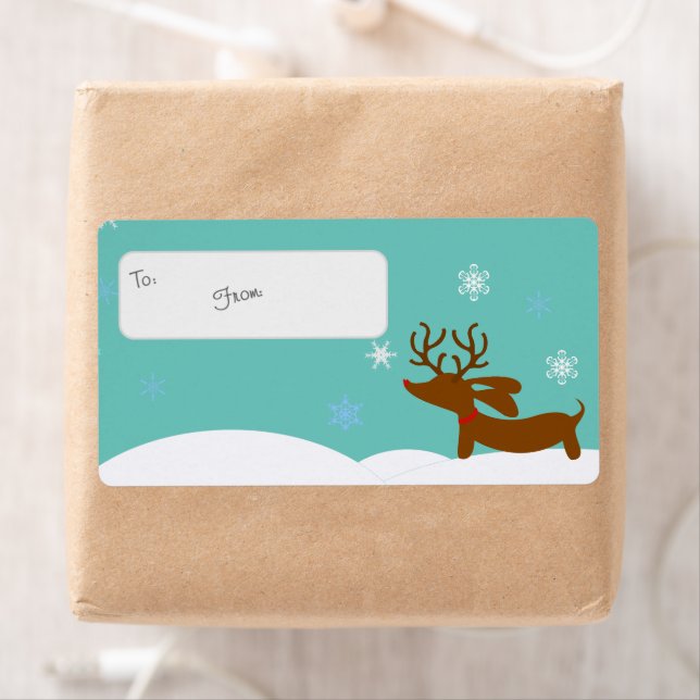 Reindeer Dachshund Holiday Gift Tag Sticky Labels (Insitu)