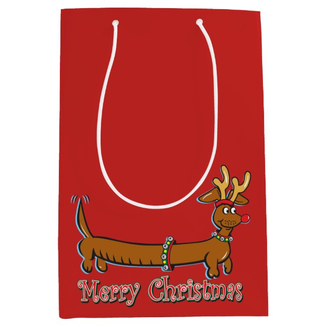 Reindeer Dachshund Merry Christmas Medium Gift Bag (Front)