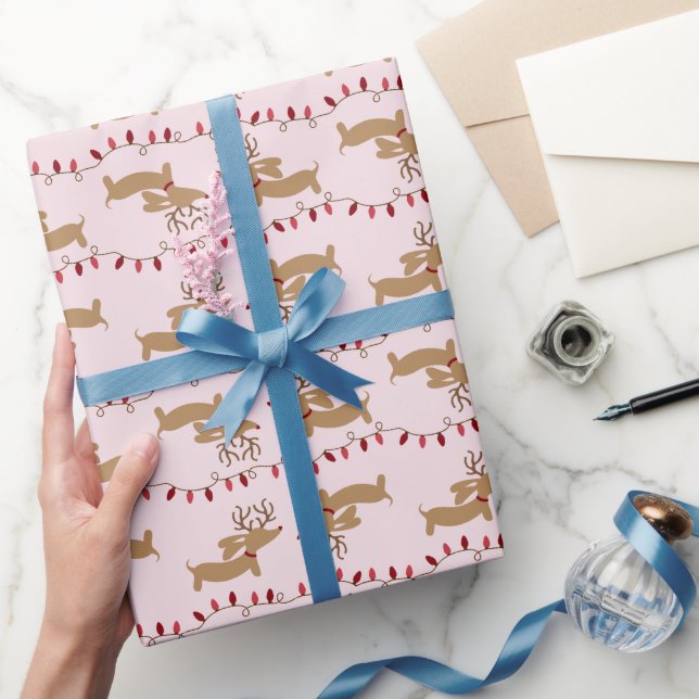 Reindeer Dachshund Red and Pink Weendeer Gift Wrap (Gifting)