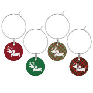 Reindeer Dachshunds on Stripes Wine Charms