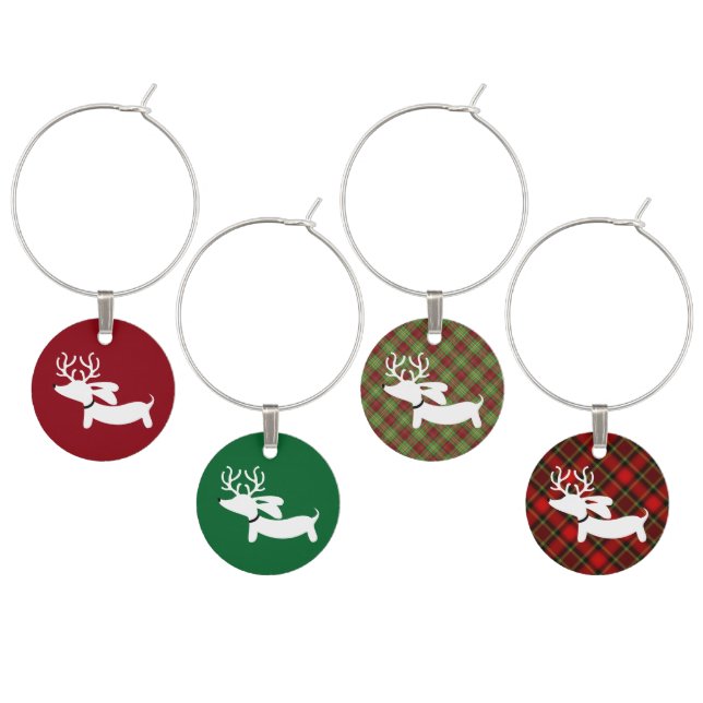 Reindeer Dachshunds on Stripes Wine Charms (Staggered)