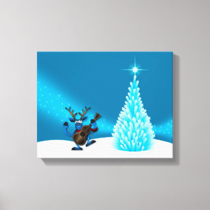 Reindeer Dancing Guitar Merry Christmas Tree Blue Canvas Print