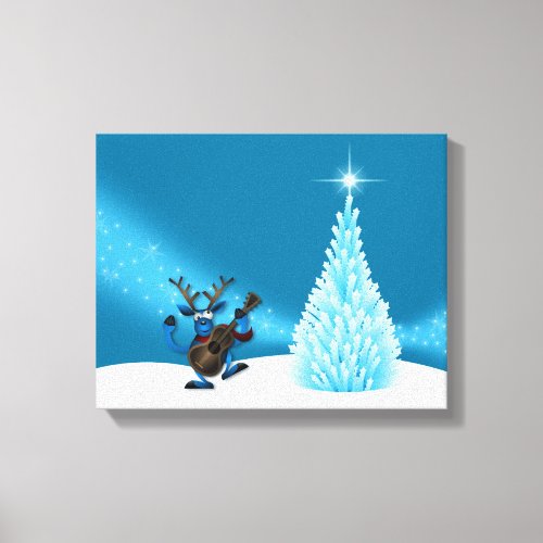 Reindeer Dancing Guitar Merry Christmas Tree Blue Canvas Print